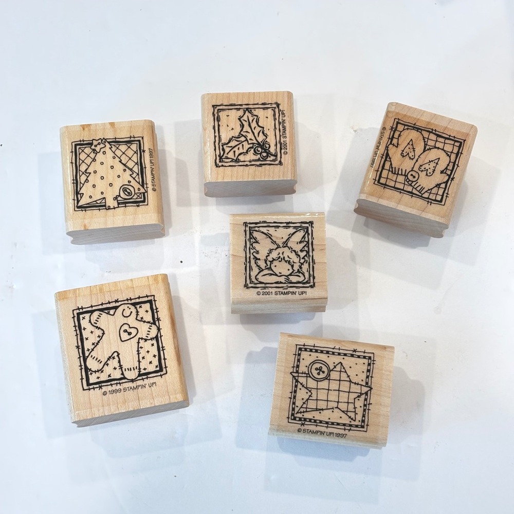 Stampin' Up Rubber Stamps Set Lot Christmas Wood Patchwork Angel Holly Mittens